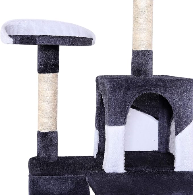 lionto Scratching Tree for Cats with Hammock & Tunnel, Height 52,4 in, cat Tree with sisal Rope & Soft Plush, Cozy Lying Areas & Caves, Suitable for Small & Large Cats, Gray/White