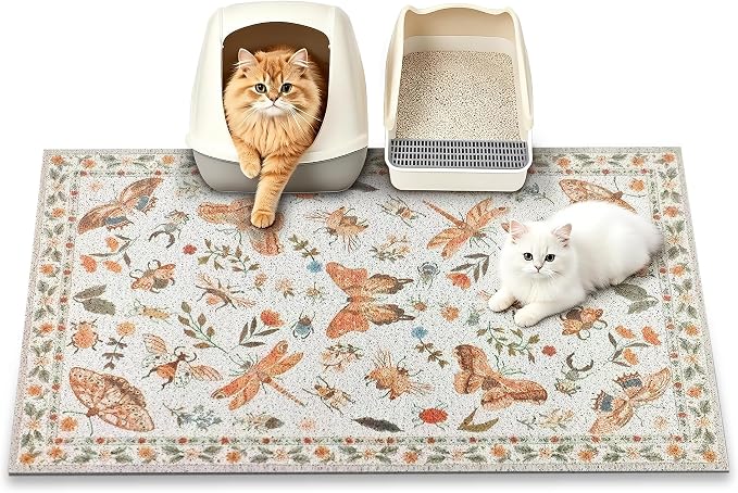 Cat Litter Mat, 35" x 23" Litter Mat, Traps 100% Cat Litter, Non-Slip Litter Box Trapping Mat, Cute Decor Litter Mat, Easy Clean for Scatter Control, Waterproof Urine Protection