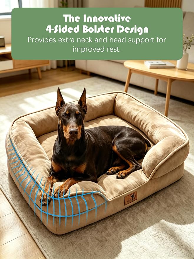 Spotted Play Orthopedic Dog Bed with Sides - Sofa Beds for Extra Large Dogs, Supportive Foam Pet Couch Bed with Washable Removable Cover, Waterproof Lining and Non-Slip Bottom, Brown - XL-Plus