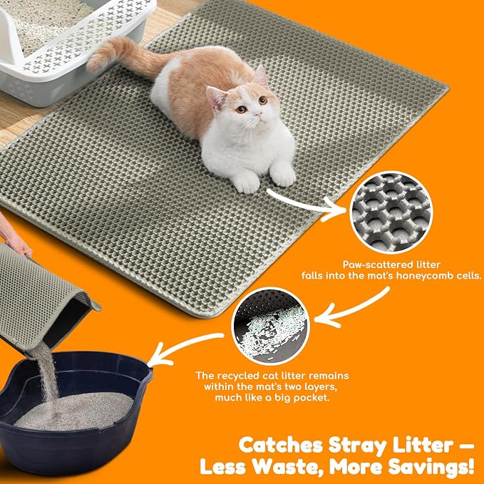 Cat Litter Mat 31"x24",Double Layer EVA litterbox Mat Beige | Extra Large Honeycomb, Waterproof & non-slip, Odor-free, easy clean, washable durable floor protector,scatter control