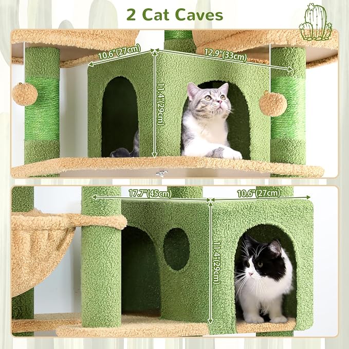 Globlazer Cactus Cat Tree Tower for Multiple Adult Cats, 82in, F82, Green | XXL Tall Cat Tree Tower for Indoor Cats with Scratching Post, 3 Perches, 2 Condos, 2 Hanging Baskets