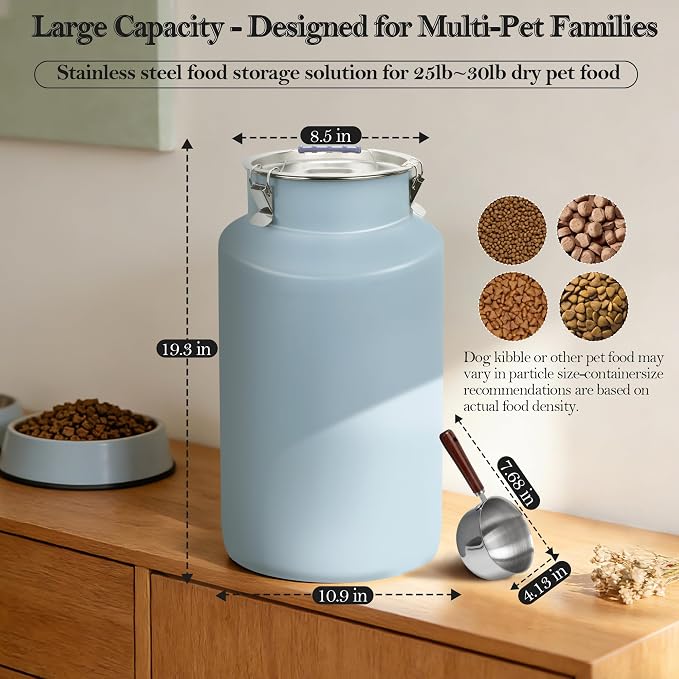 30lb Stainless Steel Dog Food Storage Container with Lid and Scoop | Airtight Metal Pet Food Storage, Large Capacity, Durable, Rust-Proof, Moisture-Proof, Keeps Kibble Fresh for Daily Use