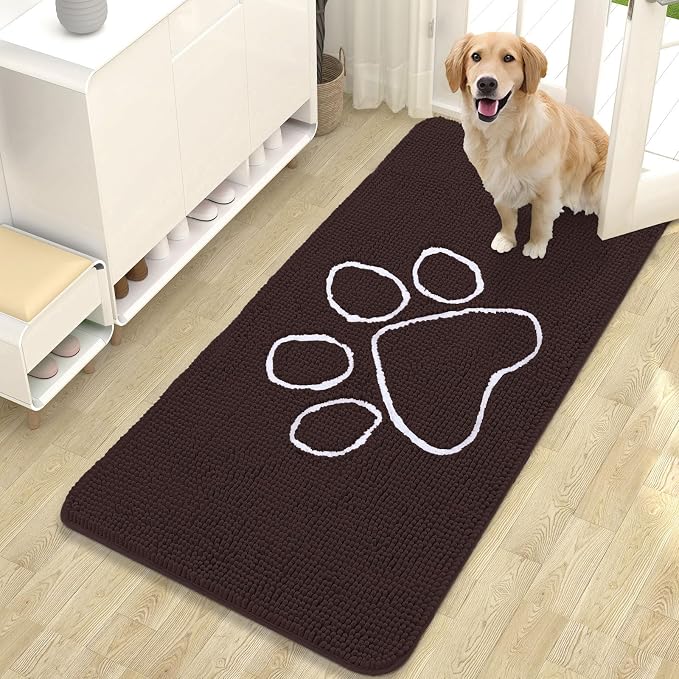 OLANLY Dog Door Mat for Muddy Paws 47x24, Paw Print Design Chenille Mud Mat | Brown, Absorbent, Traps Moisture and Dirt, Non-Slip Washable Doormat, Quick-Drying Indoor Entryway Floor Carpet for Dogs
