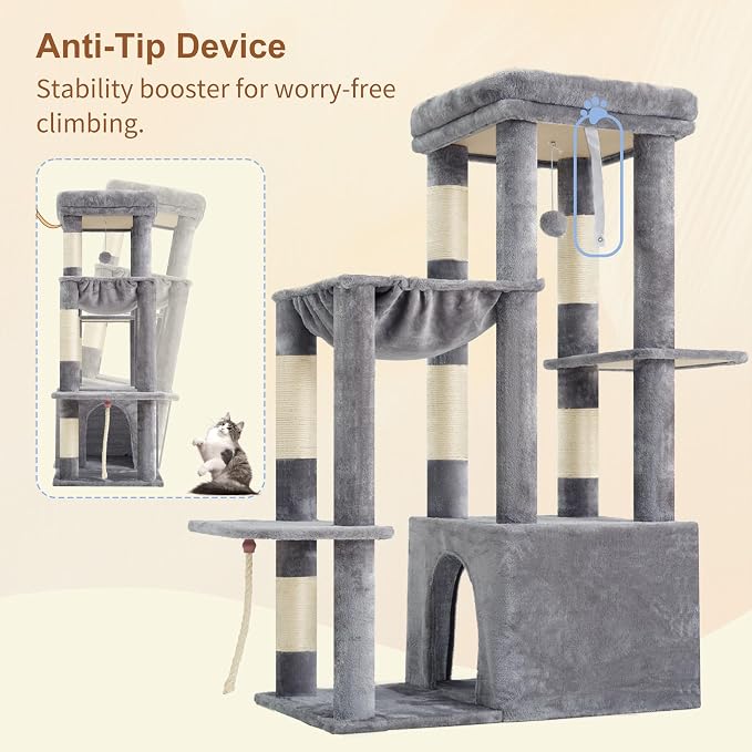 Heybly Heavy Duty Cat Tree with Large Base for Large Indoor Cats HCT026W | Cat Tower with Scratching Posts, Tall Cat Condo House , Multi-Level Plush Furniture with Hammock & Toy Balls, Light Gray