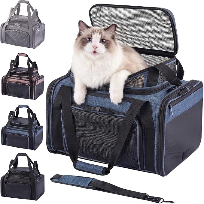 Cat Carrier Soft Sided, Expandable Pet Carrier for Medium Small Pets, Collapsible Travel Carrier with Hard Shell, 360° Panoramic Mesh, Washable Waterproof Pad | – 17.3×13.8×9.4 (Blue)