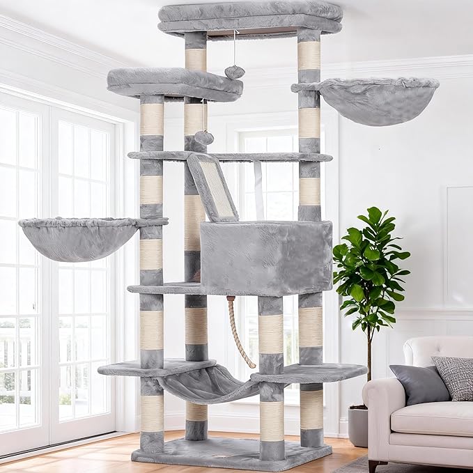 Heybly Cat Tree, 68 inch Multi-Level Cat Tower for Indoor Cats HCT025W | Cat Condo with 2 Widened Plush Perches, 2 Cozy Baskets, Scratching Board and Big Caves, Light Gray