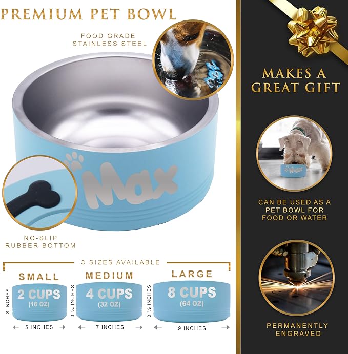 My Personal Memories Custom Personalized Stainless Steel Dog or Cat Bowl for Water and Food - Engraved Pet Bowl with Non Slip Bottom (Small - 18 Ounces, Teal Blue)