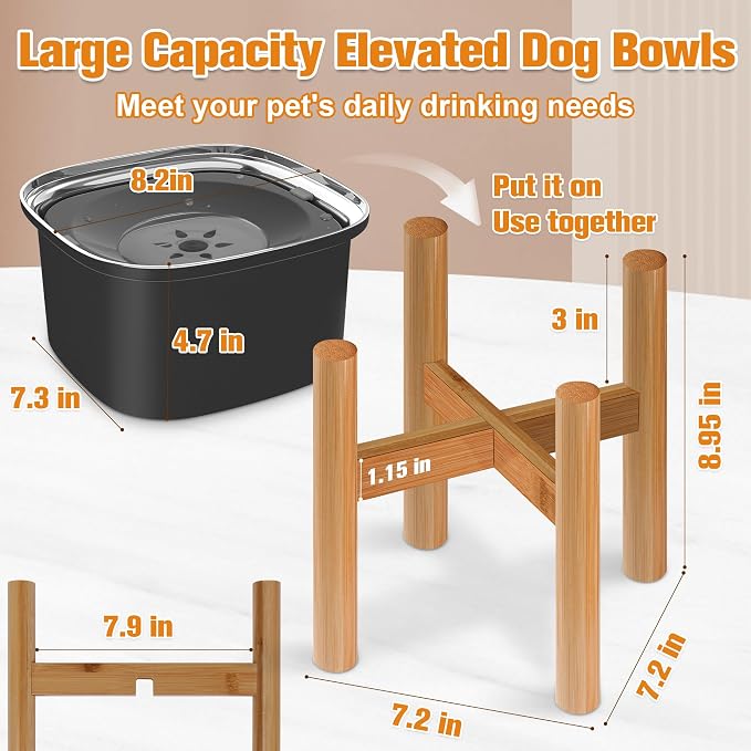 Decflow 3L Elevated Dog Water Bowl, Stainless Steel Raised Slow Water Bowl with Stand, Large Capacity No Spill Dog Dispenser for Small, Medium and Large Dogs | Raised Feeder with Wood Stand, spill proof Design, Large Capacity, for Small Medium Large Do...