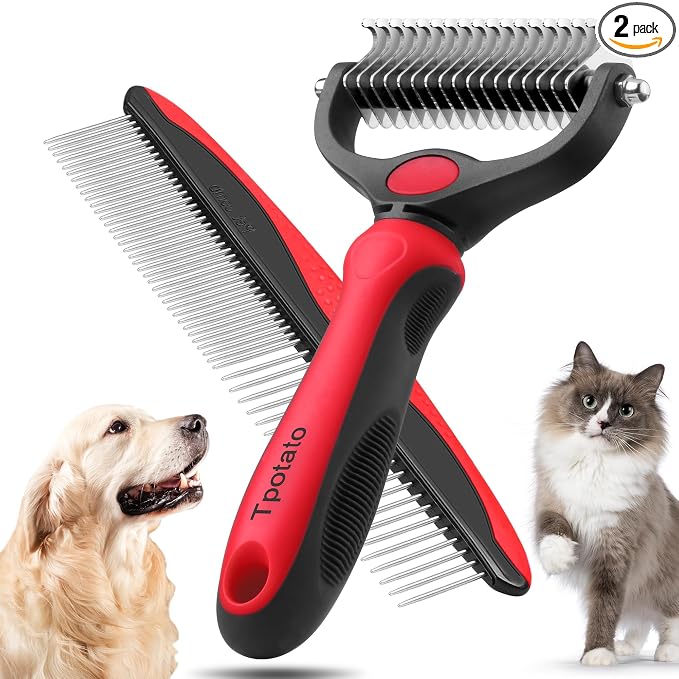 Tpotato Deshedding Dog Brush for Long Haired Dogs Cats,Undercoat Shedding Rake for Dematting Detangling Tangles Matted Fur and Knots,Metal Pet Comb,Professional Pet Grooming Supplies Tool Kit,Red