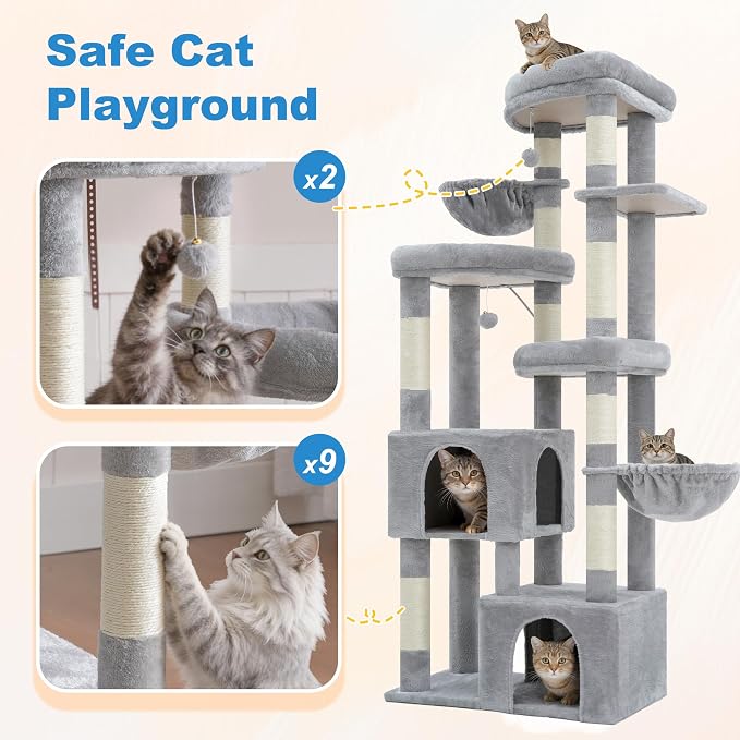 Hey-brother Cat Tree Tower with Tiered Padded Platforms, Condos, MPJ084W | 67.3 Inches Multi-Level Cat House with 9 Sisal Scratching Posts, 2 Plush Hammocks, Toy Ball for Indoor Multi-Cats, Light Gray
