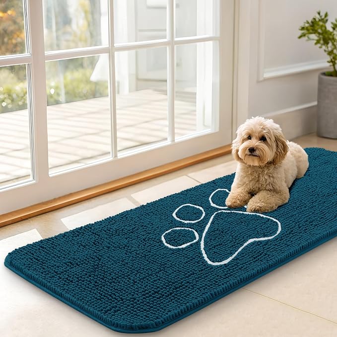 OLANLY Dog Door Mat for Muddy Paws 47x17, Paw Print Design Chenille Mud Mat | Atlantic Blue, Absorbent, Traps Moisture and Dirt, Non-Slip Washable Doormat, Quick-Dry Indoor Entryway Floor Carpet for Dogs