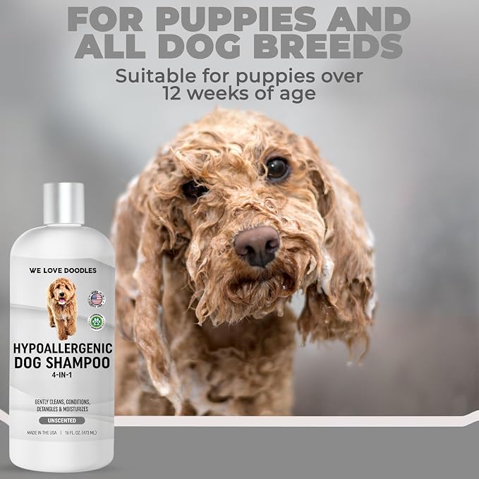 Hypoallergenic Dog Shampoo, Conditioner & Detangler, Tearless USA Made 16OZ | Sensitive Skin Dog Shampoo For Itchy Skin & Allergies, Gentle Cleansing, Moisturizing & Natural For Dogs, Hypoallergenic USA