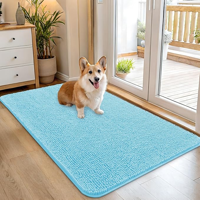 OLANLY Dog Door Mat for Muddy Paws 45x27, Super Absorbent Chenille Mud Mat | Blue, Absorbs Moisture and Dirt, Non-Slip Machine Washable Doormat, Quick-Drying Indoor Entryway Floor Carpet for Dogs