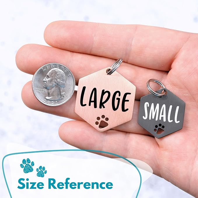 Ultra Joys Dog Tags Personalized for Pets - Hollow Paw Custom Pet ID Tag - Engraved Dog Tag for Small, Large Dogs - Small Hexagon in Rose