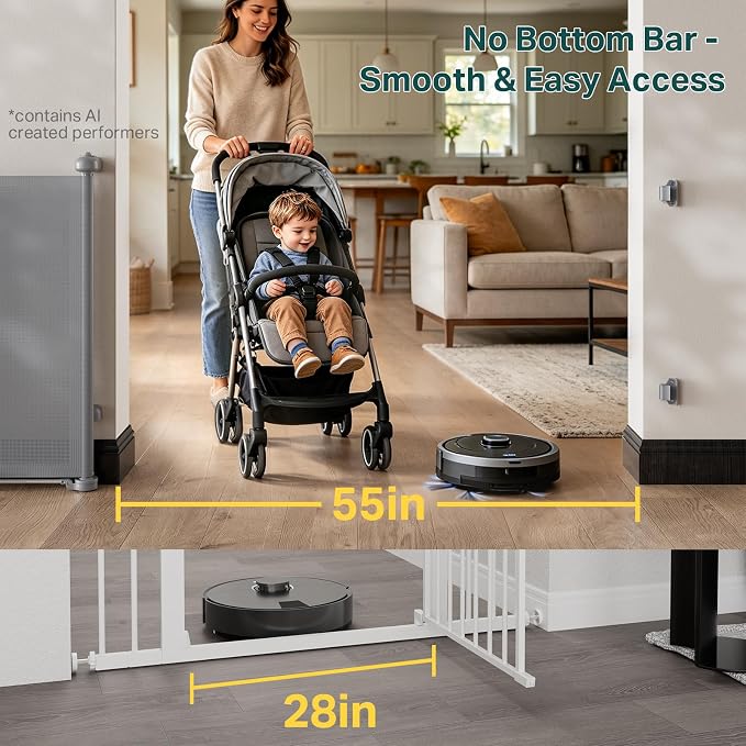 Cumbor 37-55" Retractable Baby Gates for Stairs & Doorways, Hardware Mounted Mesh Dog & Pet Gate, Easy Walk Through, One-Hand Operation, Anti-Crawl Adjustable Safety Gate for Dog, Indoor Outdoor Grey