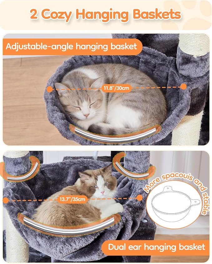 Taoqimiao Heavy Duty Cat Tree, 73In Sturdy Cat Tower for Large Cats 25lbs+ | 2 Widen Condos, Enlarged Sleeping Platform, 9 Scratching Posts, 2 Cozy Baskets, Cat Toys, Smoky Gray, F30G