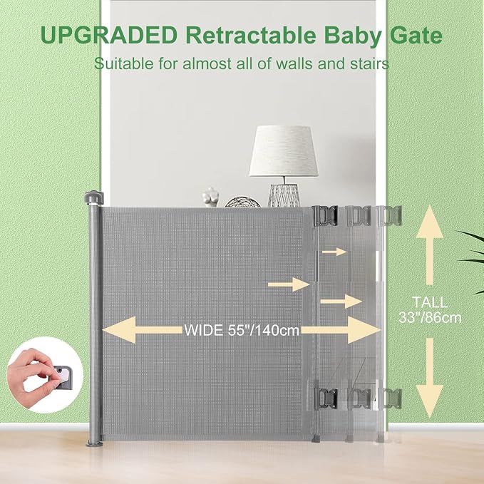 Retractable Baby Gate for Stairs & Doorways, 33" Tall Extends to 55" Wide | Extra Wide Safety Kid Pet Gate, Mesh Dog Gate for Indoor, Outdoor, Hallways One-Handed Operation, Easy Install(33”x55”- Grey)