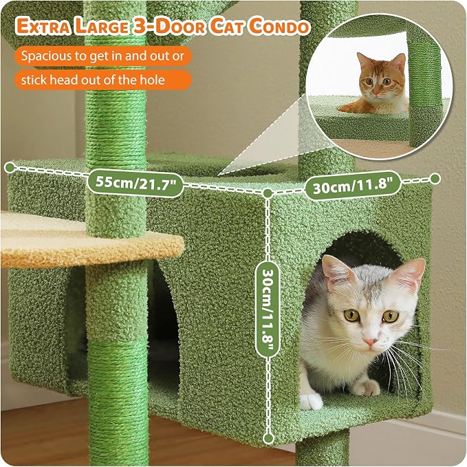 PAWZ Road 81" Cactus Cat Tree XXL Condo Hammock &2 Perches for Adult Cats | green large cat tree tower, 20"×16" hammock for maine cats, cute cat tower large condos,7 scratch posts & bottom scratcher