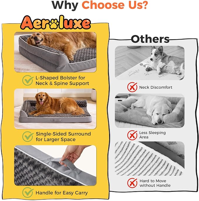 Dog Bed Large Sized Dogs, Orthopedic Dog Bed for Large Dogs, Waterproof Pet Bed with Washable Removable Cover, L-Shaped Pet Couch with Portable Handle 36"x27"x6.5", Grey