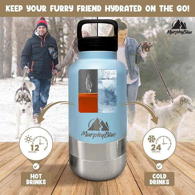 MurphyBlue Dog Water Bottle | 32 oz. Capacity Insulated Stainless Steel, Lid w/Built-in Carabiner, BPA Free Plastic Detachable Bowls, Portable Dog Water Bottles, Travel Bowls for Pets
