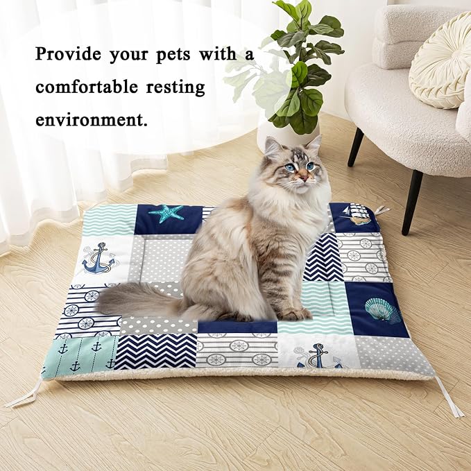 HOSIMA 42L*32W Inch Nautical Print Pet Mat for Under Dog Crate,Plaid Patchwork Ocean Themed Fuzzy Washable Pet Crate Pad,Plush Soft Cozy Pad Suitable for Large Dogs Sleeping.