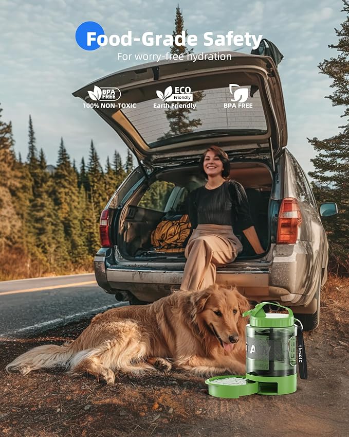 lesotc Portable Dog Water Bowl Dispenser - 77oz Travel Water Bottle with Pop-Out Drinking Bowl, No-Spill Design for Camping, Hiking & Car Rides - Keep Your Dog Hydrated Anywhere, Green