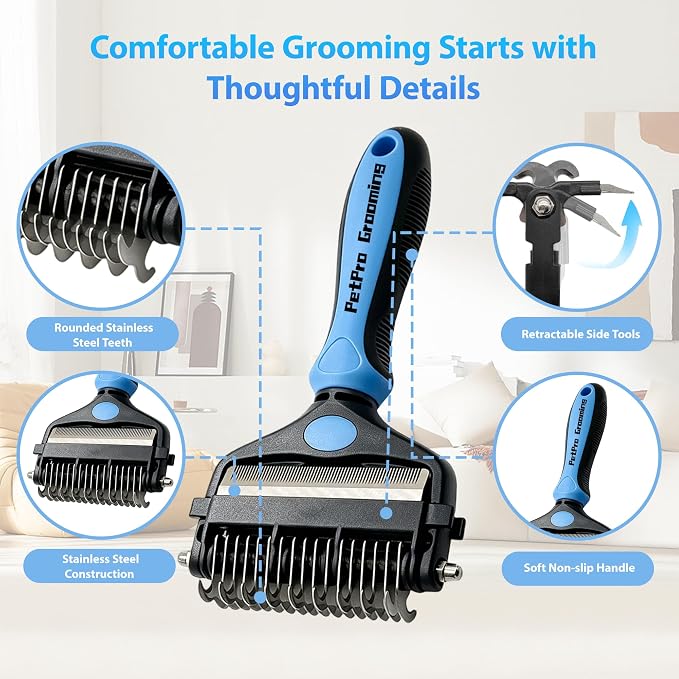 3-in-1 Dog Brush and Cat Brush-Deshedding & Dematting Tool | Replaces 3 tools to reduce grooming costs. Features retractable deshedding blade & dematting comb for dogs and cats.