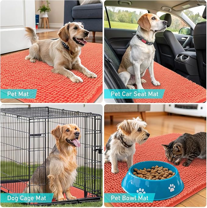 OLANLY Dog Door Mat for Muddy Paws 47x20, Super Absorbent Chenille Mud Mat | Coral, Absorbs Moisture and Dirt, Non-Slip Machine Washable Doormat, Quick-Drying Indoor Entryway Floor Carpet for Dogs