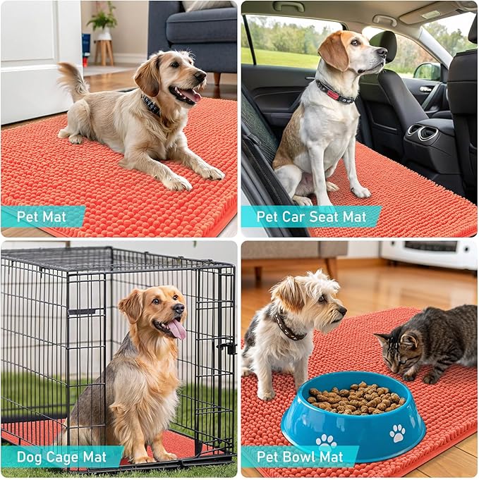 OLANLY Dog Door Mat for Muddy Paws 24x16, Super Absorbent Chenille Mud Mat | Coral, Absorbs Moisture and Dirt, Non-Slip Machine Washable Doormat, Quick-Drying Indoor Entryway Floor Carpet for Dogs