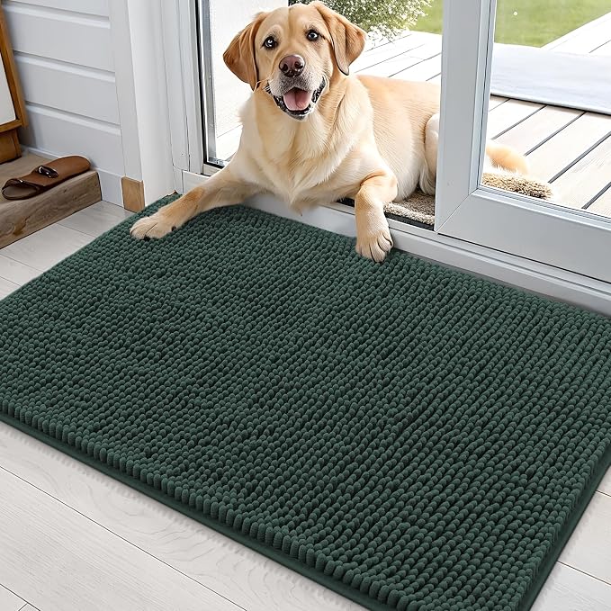 OLANLY Dog Door Mat for Muddy Paws 35x24, Super Absorbent Chenille Mud Mat | Blackish Green, Absorbs Moisture and Dirt, Non-Slip Machine Washable Doormat, Quick-Dry Indoor Entryway Floor Carpet for Dogs