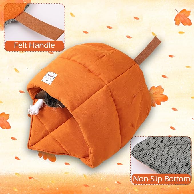 Cat Sleeping Bag Cave Bed with Non-Slip Bottom (Maple Orange) | Comfortable Linen Fabric, Non-stick Hair, Felt Handle, Washable, Suitable Size for Most Cats and Puppy, Durable Pet Nest
