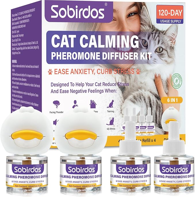 6-in-1 Cat Pheromone Calming Diffuser Kit - Relieve Anxiety, Reduce Fights/Scratching, 2 Plugs + 4 Refills, 120 Days (Purple, L)