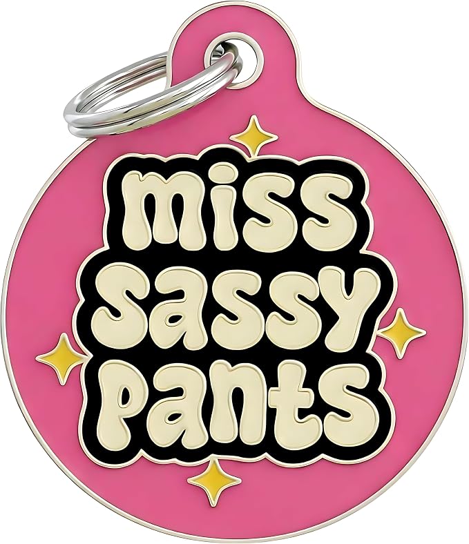 Bad Tags Personalized Dog and Cat ID Tags in 25+ Designs and 2 Sizes - 5 Lines of Custom Engraved Text - Funny Cute Personalized Pet Tags (Miss Sassy Pants, Small (1 inch))