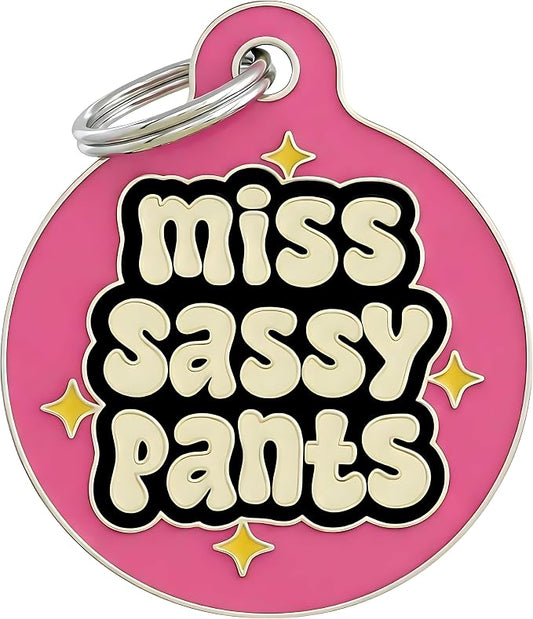 Bad Tags Personalized Dog and Cat ID Tags in 25+ Designs and 2 Sizes - 5 Lines of Custom Engraved Text - Funny Cute Personalized Pet Tags (Miss Sassy Pants, Large (1.25 inch))