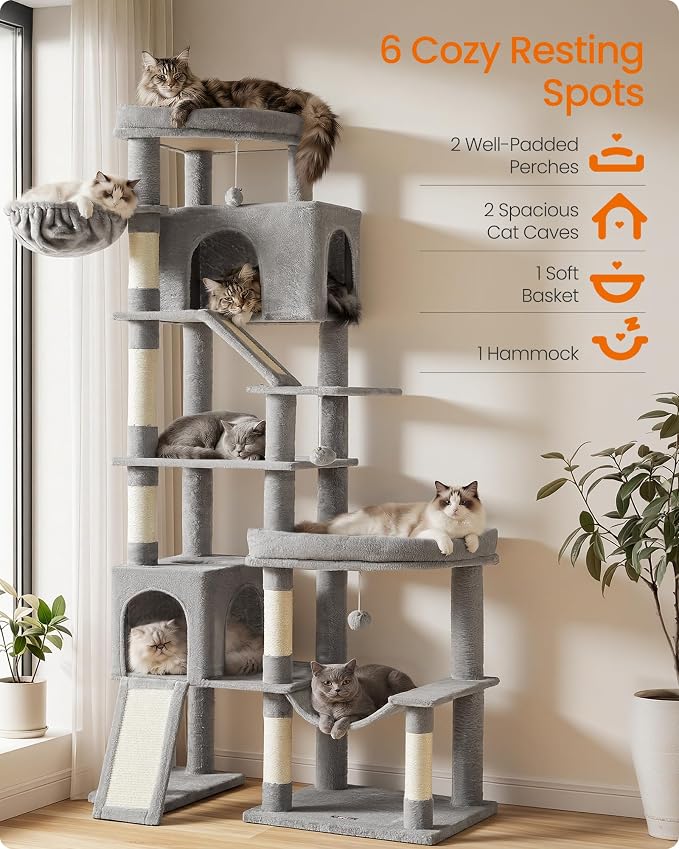 Feandrea Multi-Level Cat Tree for Large Cats, 79.5 inch Tall Cat Tower with 6 Resting Areas and Sisal Scratching Posts, 41.3 x 17.7 x 79.5 inch, Dove Gray Clawfy Collection UPCT020G101