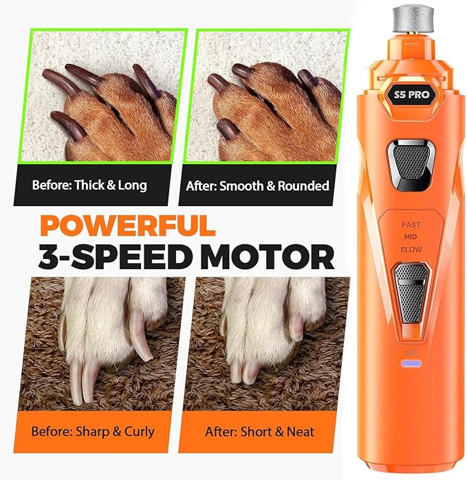 Whisper Quiet Dog Nail Grinder Safe & Stress-Free for Sensitive Dogs Cats | 4 LED Lights,3 Grinding Bits, 3-Speed, Pet Nail Trimmers, Rechargeable Painless Grooming Kit for All Breeds & Sizes