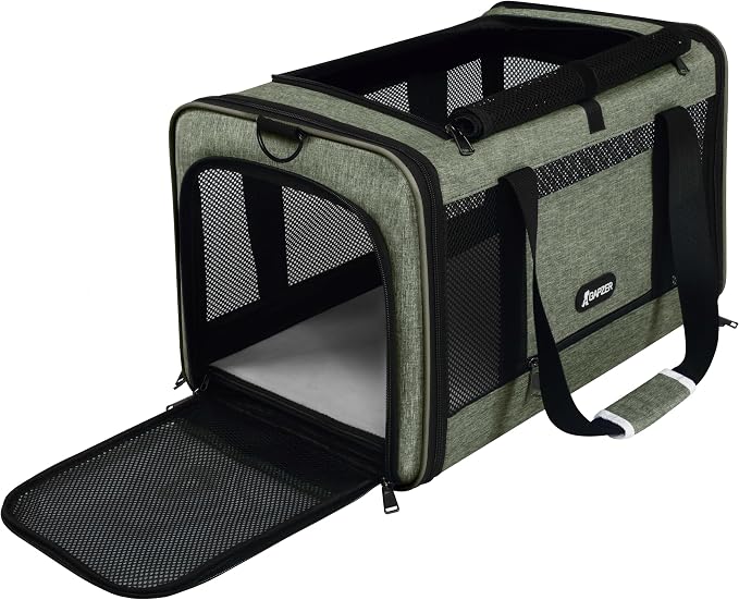 GAPZER Medium Cat Carrier Bag Lightweight, Soft-Sided Small Pet Carry Crate Teacup Breed Dogs, Top Loader Yorkie Kennel Sturdy Durable Mesh up to 15 lbs for Indoor House Dark Green