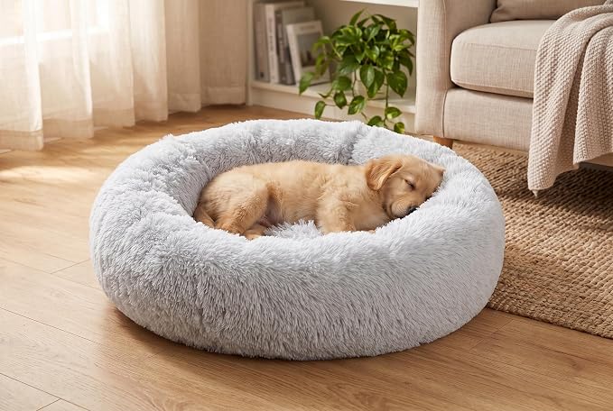 SAVFOX 30 inches Calming Donut Dog Bed - 3X Durable Plush Faux Fur, Machine Washable & Non-Slip, Fits up to 45 lbs, Light Grey
