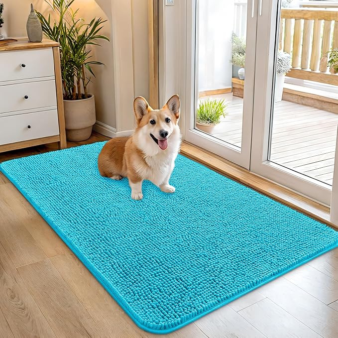 OLANLY Dog Door Mat for Muddy Paws 45x27, Super Absorbent Chenille Mud Mat | Aqua Blue, Absorbs Moisture and Dirt, Non-Slip Machine Washable Doormat, Quick-Drying Indoor Entryway Floor Carpet for Dogs