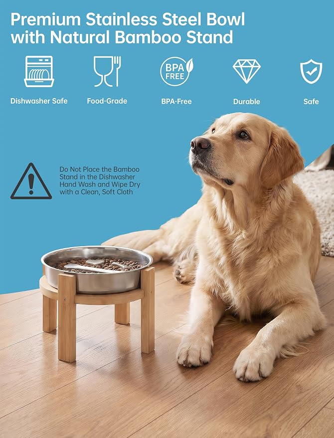 ZooZoo Elevated Slow Feeder Dog Bowl Stainless Steel with 7in Bamboo Stand | Food Grade Rustproof Dishes For Small Medium Pets, Non-Slip Base Protects Floors, Easy To Clean For Healthy Eating