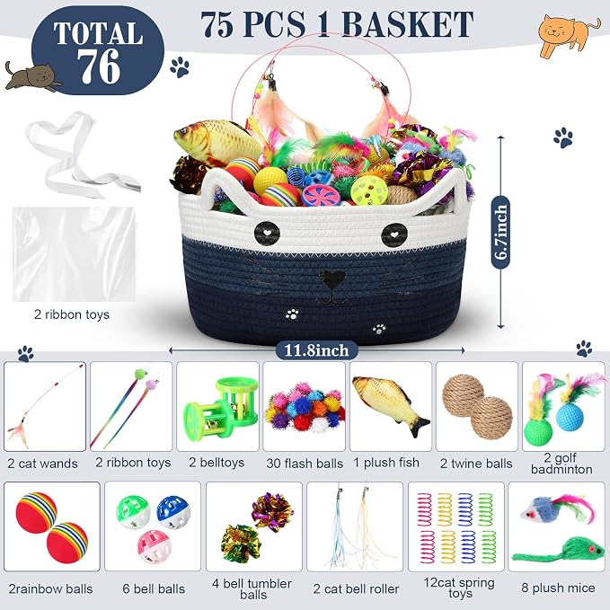 Zopeal 76 Pcs Cat Storage Basket Gift Toys Set Interactive Cat Toys Kitten Wand Colorful Flashing Balls Pet Crinkle Balls Attract Kitten to Swat, Hunt for Pet Indoor(Blue)