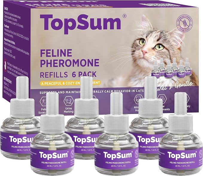 TopSum Cat Calming Pheromone Diffuser: Feline Pheromones Plug in for Stress, Alone At Home, Spraying, Fighting, Scratching, Aggression & Excessive Meowing (Purple– 6 Refills)