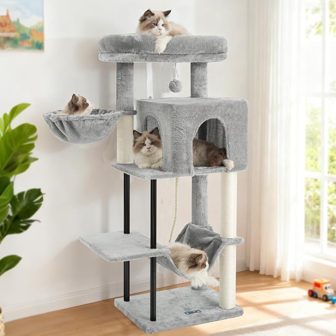 Cat Tree, 43.3'' Cat Tower with Hammock for Kittens GCT004SW | Cat Condo House for Small Indoor Cats, Basket, Scratching Post, Large Platform, Sturdy Steel Tube, Sisal Rope, Light Gray