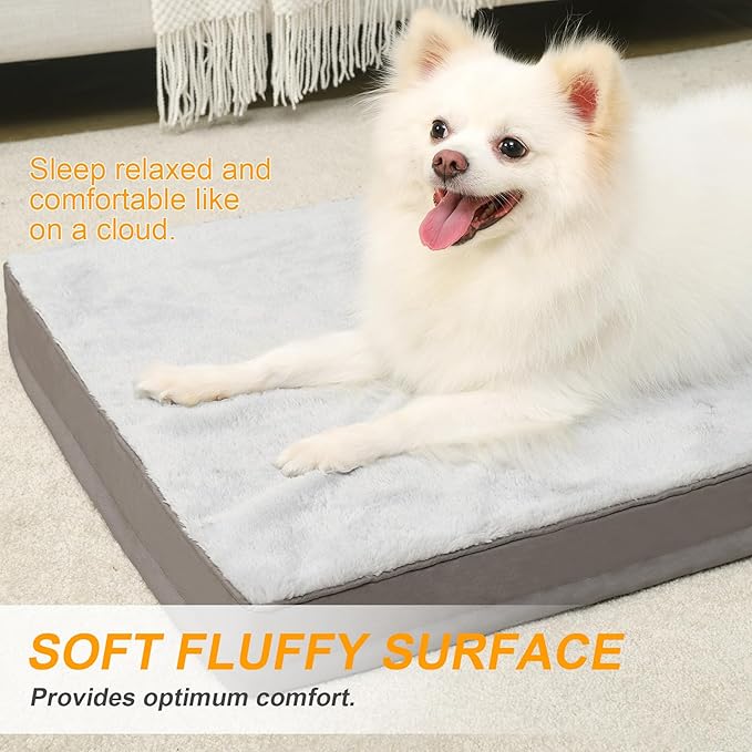 KSIIA Orthopedic Dog Bed, Deluxe Plush Waterproof, 29 x 18 Inch, Gray, 3-Inch Thick High-Density Egg Crate Foam, Removable Cover, Machine Washable | Deluxe Soft Plush Dog Crate Bed, Machine Washable Pet Mat with 3-Inch Thick High-Density Egg Crate Foam...