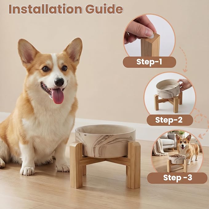 hjn Elevated Ceramic Dog Bowl with Bamboo Stand, Raised Pet Feeding Station for Small Medium Dogs Cats, Modern Design with Anti-Slip Base (Marble Brown, 3.6Cup)