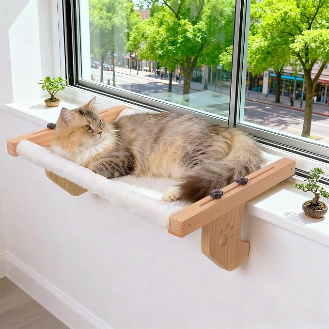 ESPETS Wooden Cat Window Hammock for Large Cats, White Kitten Window Perch | Solid Wood Window Ledge Perch, Sturdy Large Size Shelves, Soft Thick Removable Cushion, Easy Assemble Adjustable, Hold 50LBS