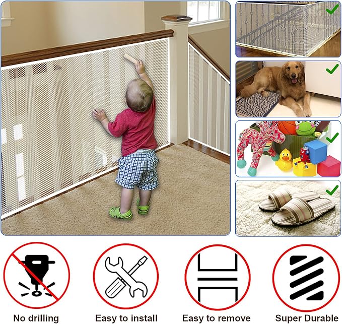 Baby Gate for Stairs, Banister Guard for Kids, Pets, Toys, 21.6 ft L x 2.66 ft H, Mesh Netting Safety Net for Balcony Rail Stair, Stairway Net Baby Safety Products for Indoor & Outdoor (White)