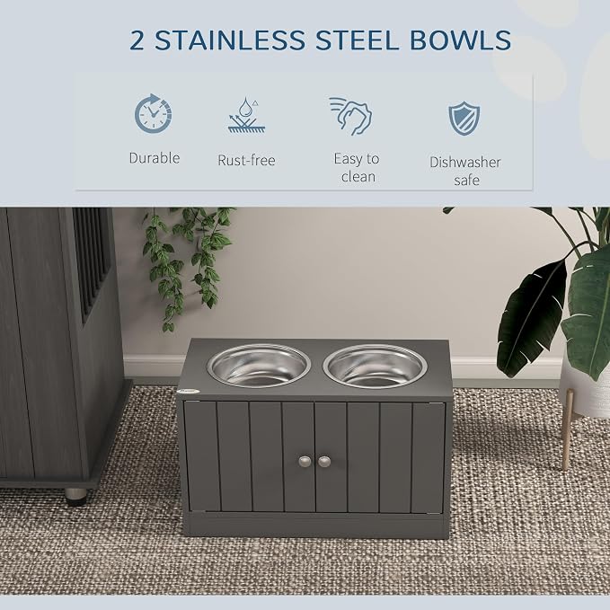 PawHut Large Elevated Dog Bowls with Storage Cabinet 44L Capacity Gray | Raised Dog Bowl Stand, Pet Feeding Station