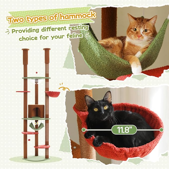 PEQULTI Floor to Ceiling Cat Tree, 92.9-101.6in Adjustable Cat Tower, Brown | Adjustable tower braces floor to ceiling; cozy condo, large hammock, perches & 9 sisal posts on fan base with anti-tip strap