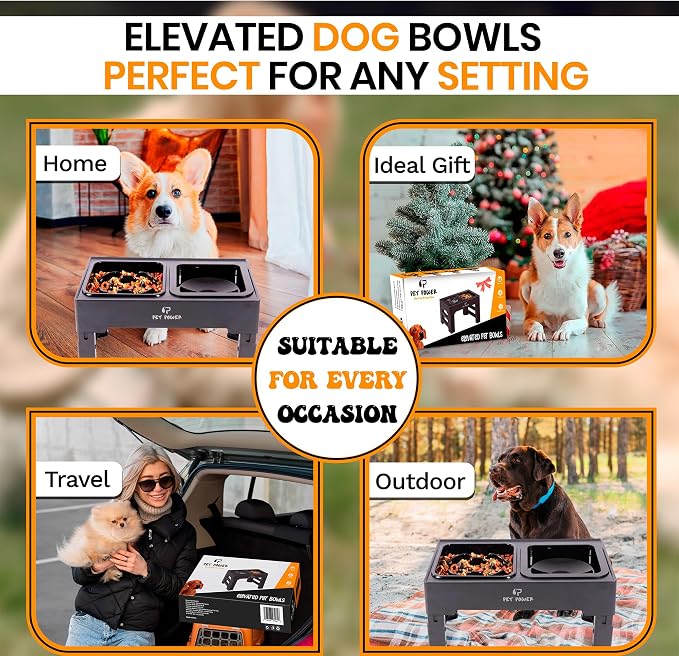 Elevated Dog Bowls with Collapsible Scoop, Slow Feeder Dog Bowls & No-Spill Water Bowl, Raised Dog Bowl Stand 4 Adjustable Heights for Small, Medium & Large Dogs